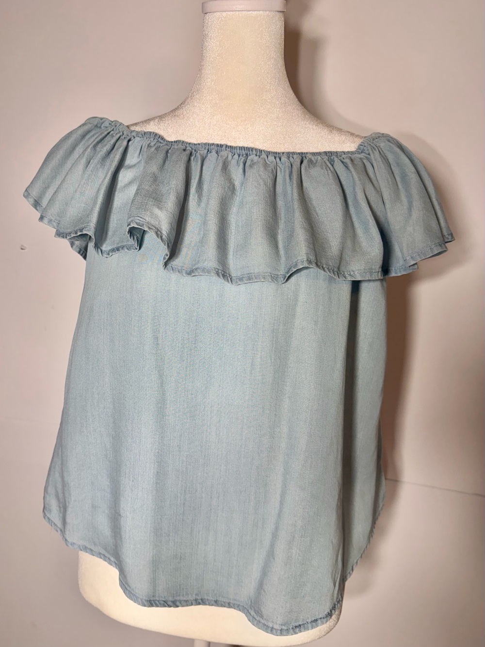 Cute Off-Shoulder Light Blue Chambray Ruffle Women’s Top